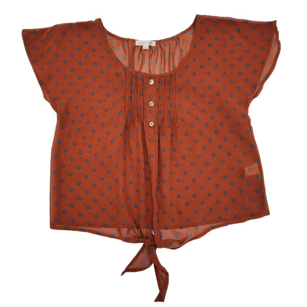 Mine Semi Sheer Crop Top Womens Size Large Cropped Rust Blue Polka Dot Blouse